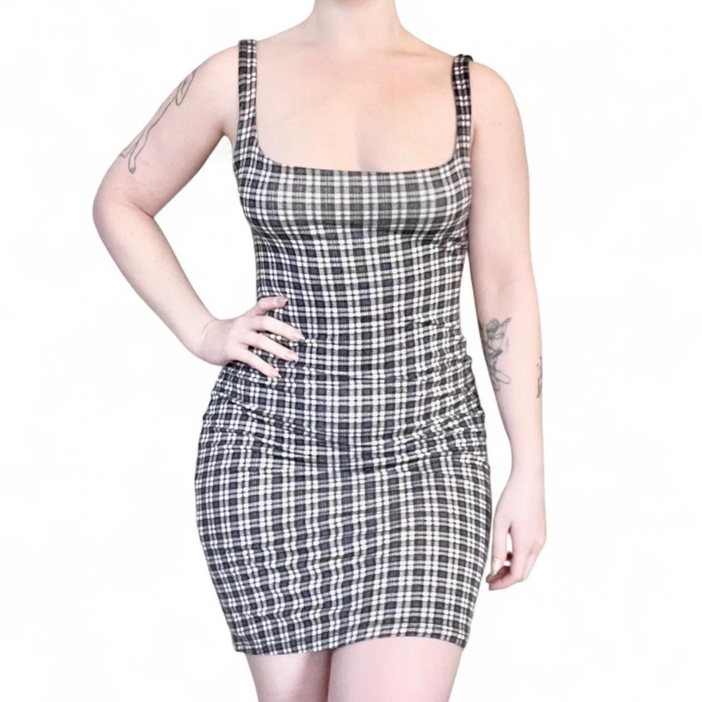 Sz M Urban Outfitters Plaid Bodycon Square Neck Midi Dressl